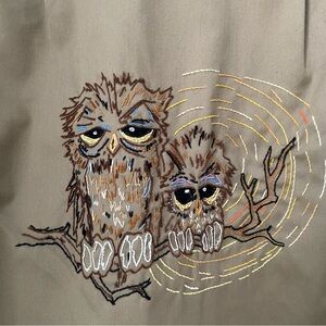 Vintage JcPenney crewel embroidery stitch owl design khaki button down shirt M